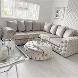 Ashton chesterfield corner sofa set with footstool in cream plush - Myfitin Furniture