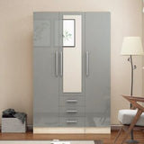 3 Door Combi Wardrobe With 3 Drawers and Mirror in Grey High Gloss - Myfitin Furniture