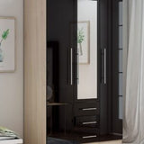 3 Door Combi Wardrobe With 3 Drawers and Mirror in High Gloss – Black - Myfitin Furniture