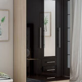 3 Door Combi Wardrobe With 3 Drawers and Mirror in High Gloss – Black