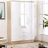 3 Door Combi Wardrobe With 3 Drawers and Mirror in High Gloss – White