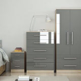 Trio Set High Gloss-2 Door Wardrobe , 5 Draw Chest and 3 Draw Bed Side – Grey-White-Black