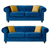 Round arms chesterfield 3+2 seater sofa in blue plush - Myfitin Furniture