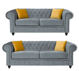 Round arms chesterfield 3+2 seater sofa in grey plush