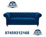 Solid Wood Velvet Button Tufted 3 Seater Chesterfield Sofa Set for Living Room, Blue - Myfitin Furniture