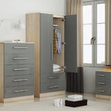 2 Door Wardrobe , 5 Draw Chest and 3 Draw Bed Side – Trio Set High Gloss Grey