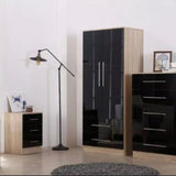2 Door Wardrobe , 5 Draw Chest and 3 Draw Bed Side – Trio Set High Gloss Black