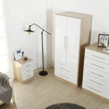 2 Door Wardrobe , 5 Draw Chest and 3 Draw Bed Side – Trio Set High Gloss White