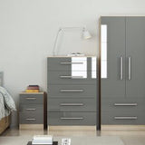 Trio Set High Gloss-2 Door Wardrobe , 5 Draw Chest and 3 Draw Bed Side – Grey-White-Black - Myfitin Furniture